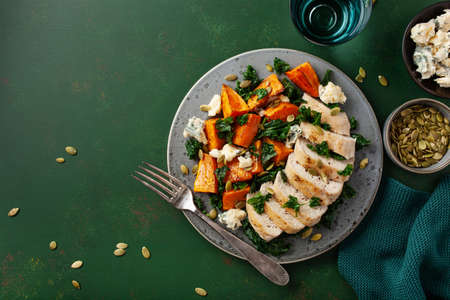 chicken breast with sweet potato, blue cheese and kale. healthy lunchの写真素材