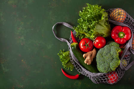 fruits vegetables in reusable mesh cotton bag, plastic free zero waste conceptの写真素材