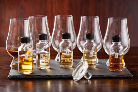 tasting bottles and glasses of whisky spirit brandy cognac. tasting at homeの写真素材