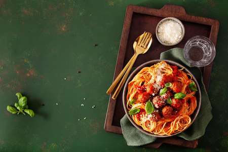 spaghetti with meatballs and tomato sauce, italian pastaの写真素材