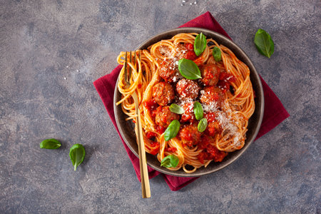 spaghetti with meatballs and tomato sauce, italian pastaの写真素材