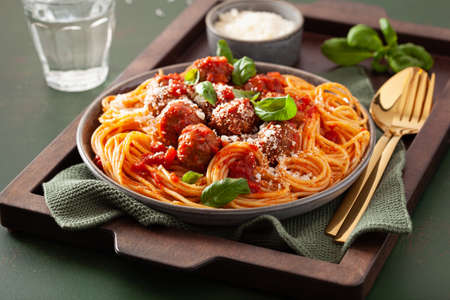spaghetti with meatballs and tomato sauce, italian pastaの写真素材