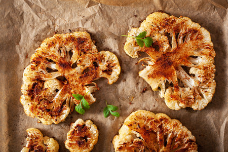 cauliflower steaks with herb and spice on baking tray. plant based meat substituteの写真素材