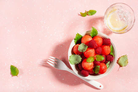 watermelon ball salad with raspberry lemon balm. healthy summer dessertの写真素材