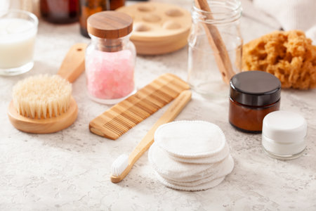 zero waste eco friendly hygiene bathroom concept. wooden toothbrush soap brush cosmeticの写真素材