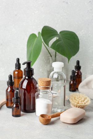 zero waste eco friendly cleaning concept. wooden brushes, baking soda, vinegarの写真素材