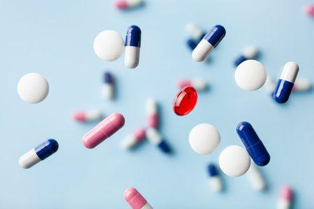 flying pill tablet capsule levitation medicine. medical treatment for disease flu virusの写真素材