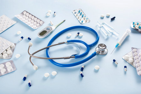 pills stethoscope syringe capsule medicine. medical treatment for disease flu virusの写真素材