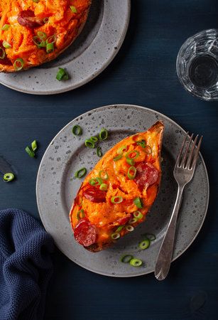 twice baked sweet potato with cheese and chorizo sausageの写真素材