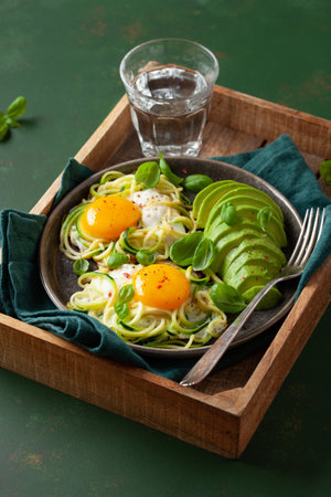 keto low carb breakfast baked spiralized zucchini with eggs and avocadoの写真素材