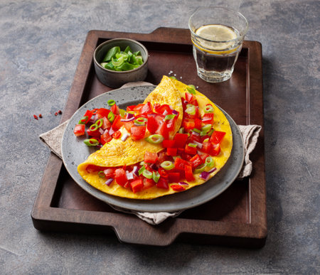 omelette with tomato, bell pepper onion chili and cheese. healthy breakfastの写真素材