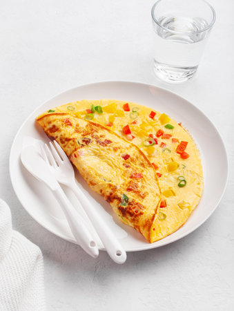 omelette with tomato, bell pepper onion and cheese. healthy breakfastの写真素材