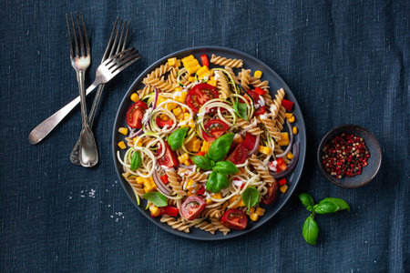 healthy pasta salad with zucchini sweet corn tomato and basil, vegetarian lunchの写真素材