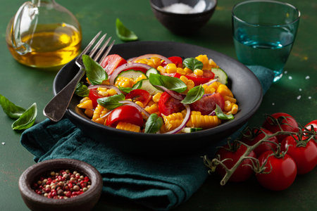 healthy vegetarian tomato sweet corn salad with cucumber and basilの写真素材
