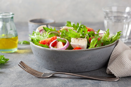 tomato salad with brie cheese olives onion lettuceの写真素材