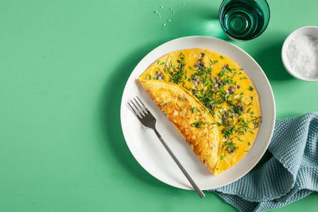 omelette with blue cheese herbs spring onion. healthy keto diet low carb breakfastの写真素材