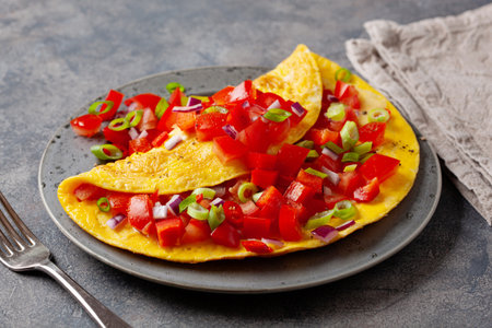 omelette with tomato, bell pepper onion chili and cheese. healthy breakfastの写真素材
