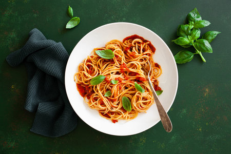 spaghetti with tomato sauce, traditional italian pastaの写真素材