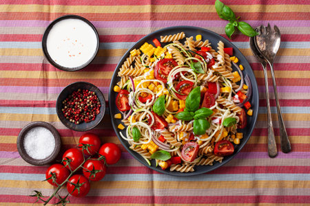 healthy pasta salad with zucchini sweet corn tomato and basil, vegetarian lunchの写真素材