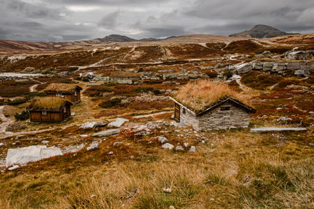 autumn mountain landscape of Rondane National Park in Norway, Peer Gynt hyttaの写真素材