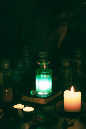 Witchcraft still life concept with potion, spell book, herbs ingredients candles and magical equipmentの写真素材