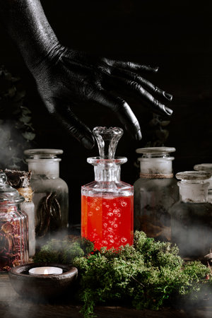black witch hand opening magic potion, herbs ingredients candles and magical equipmentの写真素材