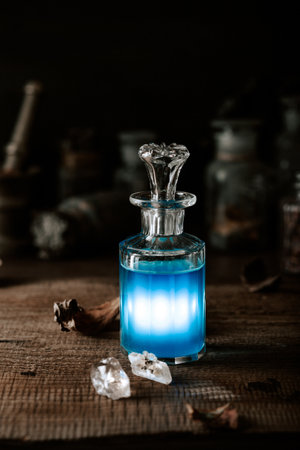 Witchcraft still life concept with potion, herbs ingredients and magical equipmentの写真素材