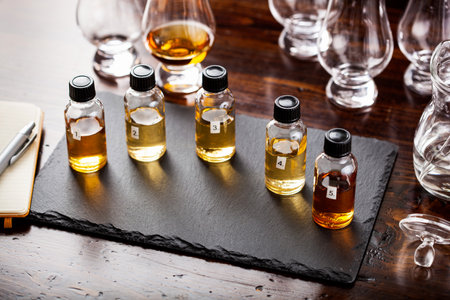 tasting bottles and glasses of whisky spirit brandy cognac. tasting at homeの写真素材