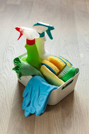 cleaning products household chemicals spray brush sponge gloveの写真素材