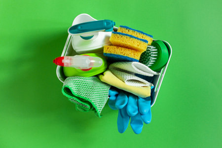 cleaning products household chemicals spray brush sponge gloveの写真素材