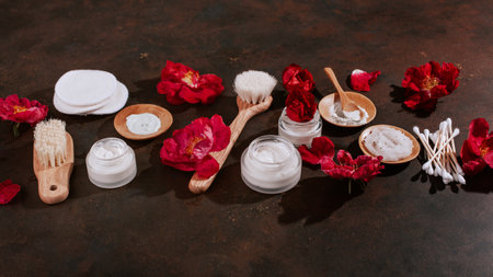 skincare products and dog rose flowers. zero waste eco friendly natural cosmetics for home spaの写真素材