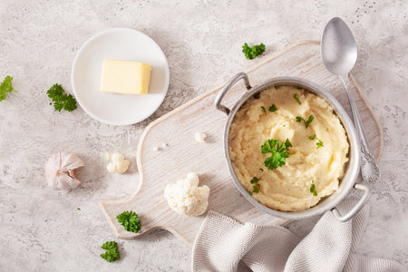 mashed cauliflower with butter. ketogenic paleo diet side dishの写真素材
