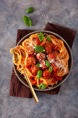 spaghetti with meatballs and tomato sauce, italian pastaの写真素材