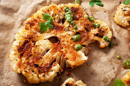 cauliflower steaks with herb and spice on baking tray. plant based meat substituteの写真素材