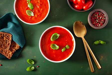 tomato and bell pepper vegetarian soup on green backgroundの写真素材