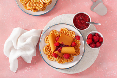waffles with Norwegian brunost traditional brown cheese and raspberry jamの写真素材