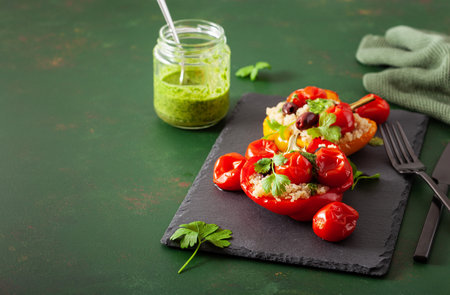 stuffed bell peppers with quinoa tomatoes olives and herb sauce chimichurriの写真素材