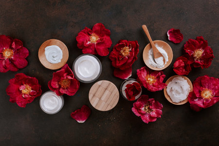 skincare products and dog rose flowers. natural cosmetics for home spa treatmentの写真素材