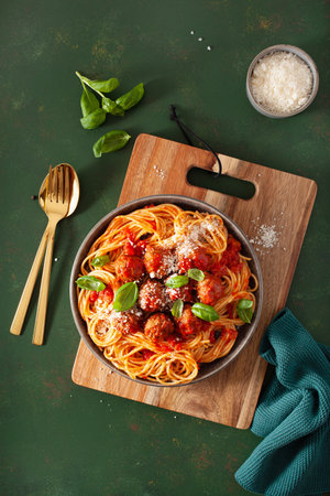 spaghetti with meatballs and tomato sauce, italian pastaの写真素材