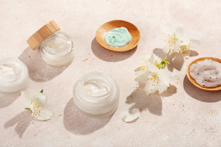 skincare products and jasmine flowers. natural cosmetics for home spa treatmentの写真素材