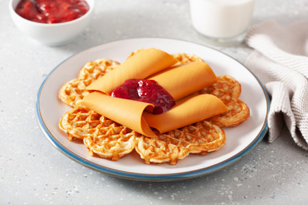 waffles with Norwegian brunost traditional brown cheese and raspberry jamの写真素材