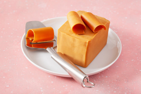Norwegian brunost traditional brown cheese block and slicerの写真素材