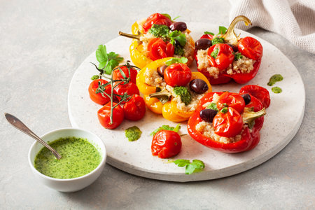 stuffed bell peppers with quinoa tomatoes olives and herb sauce chimichurriの写真素材