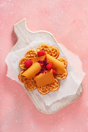 waffles with Norwegian brunost traditional brown cheese and raspberry jamの写真素材