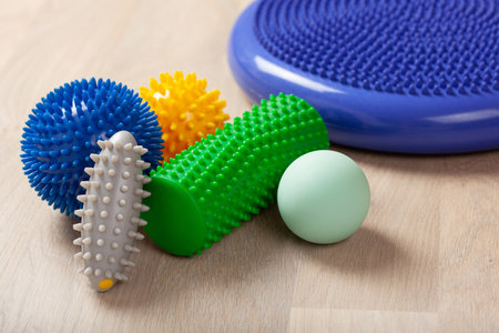 massage rubber balls, balance cushion and roller for self massage and reflexologyの写真素材