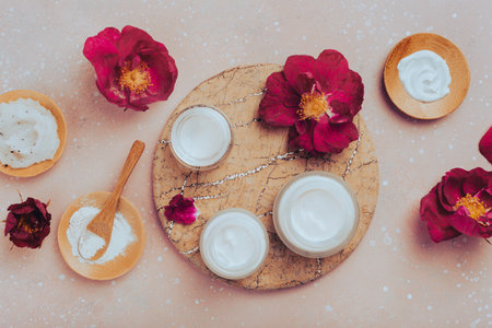 skincare products and dog rose flowers. natural cosmetics for home spa treatmentの写真素材