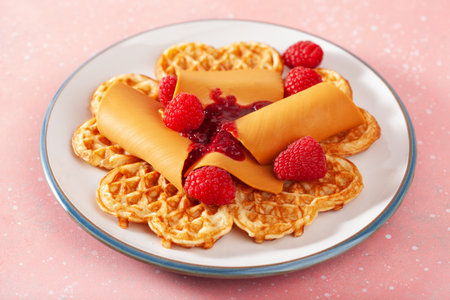 waffles with Norwegian brunost traditional brown cheese and raspberry jamの写真素材