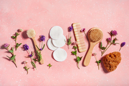 zero waste eco friendly bath and body care products and wild flowers. natural cosmetics for home spa treatmentの写真素材