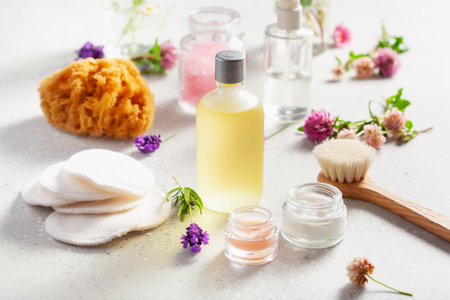 zero waste eco friendly bath and body care products and wild flowers. natural cosmetics for home spa treatmentの写真素材