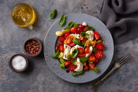 healthy colorful tomato mozzarella basil salad with balsamic vinegar dressingの写真素材